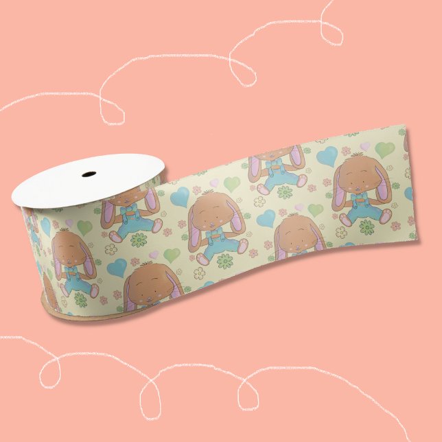 Cute Easter Bunny Light Yellow Ribbon Satin Ribbon (Cute bunny pattern yellow ribbon for decorating Easter or Baby Shower baskets . )
