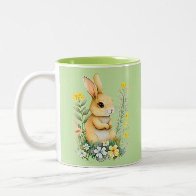 Cute Easter Bunny & Monogram on Light Green Two-Tone Coffee Mug (Left)