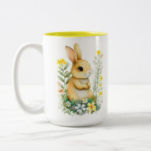 Cute Easter Bunny & Monogram on White Two-Tone Coffee Mug