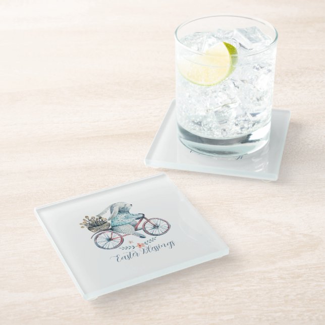 Cute Easter Bunny on a Bike Glass Coaster (Angled)