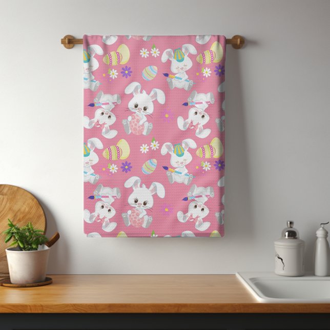 Cute Easter Bunny Painting Egg Pink Spring Floral Tea Towel (Creator Uploaded)