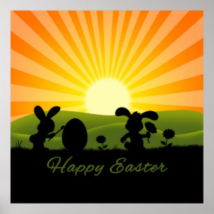 Cute Easter Bunny Painting Egg Poster