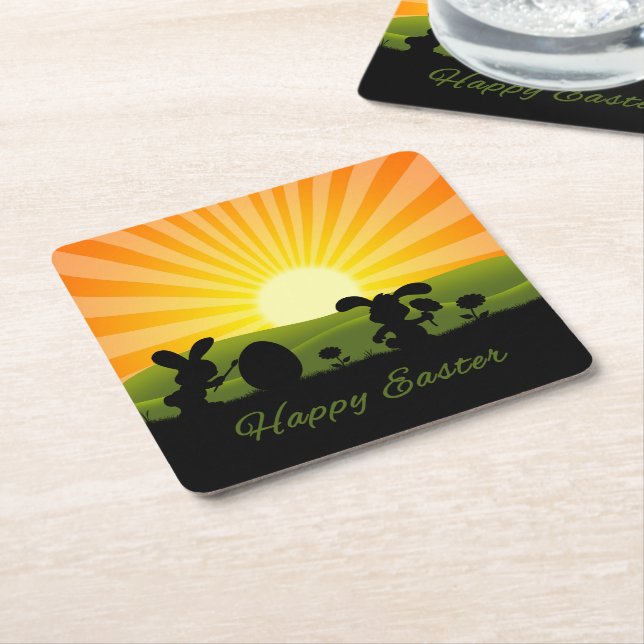 Cute Easter Bunny Painting Egg Square Paper Coaster (Angled)
