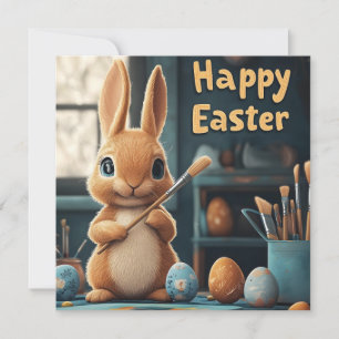 Cute Easter Bunny Painting Eggs: Springtime Art Holiday Card