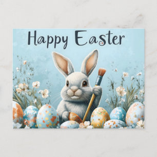 Cute Easter Bunny Painting Eggs: Springtime Art Holiday Postcard