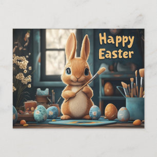 Cute Easter Bunny Painting Eggs: Springtime Art Postcard