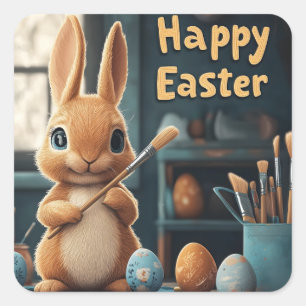 Cute Easter Bunny Painting Eggs: Springtime Art Square Sticker