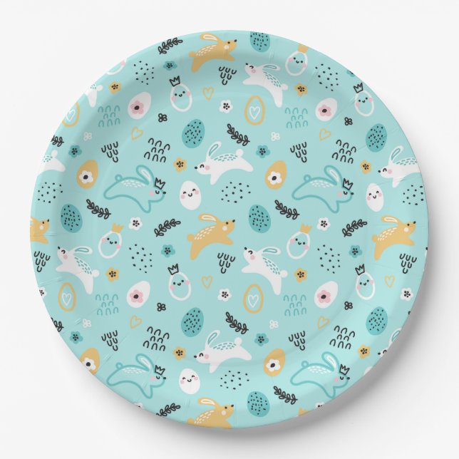 Cute Easter Bunny Pattern Kawaii Rabbits Eggs  Paper Plate (Front)