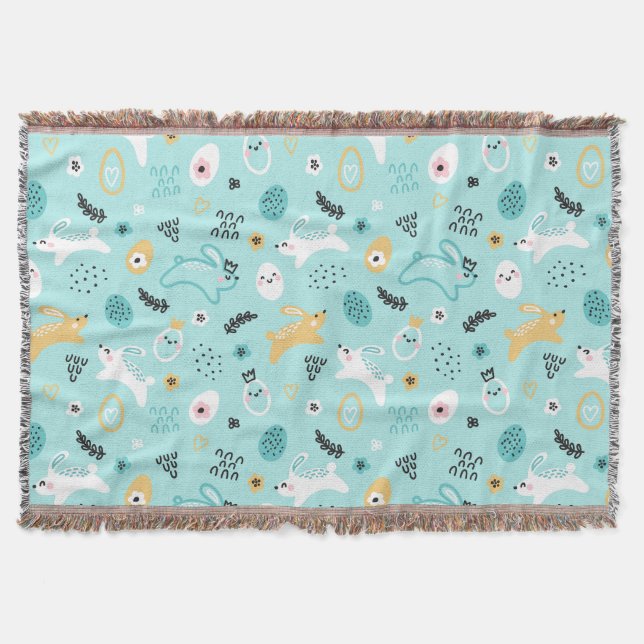 Cute Easter Bunny Pattern Kawaii Rabbits Eggs  Throw Blanket (Front)