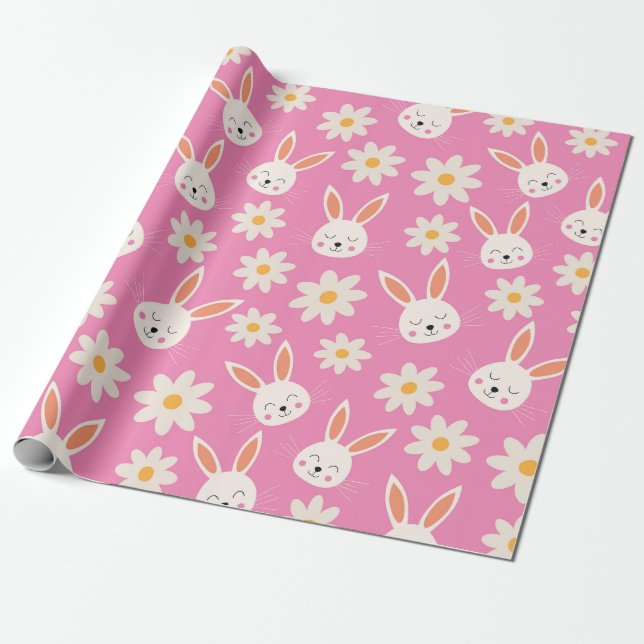 Cute Easter Bunny Pattern with Flowers on Pink  Wrapping Paper (Unrolled)