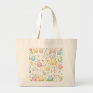 Cute Easter Bunny Pattern with Pastel Eggs & Flowe Large Tote Bag