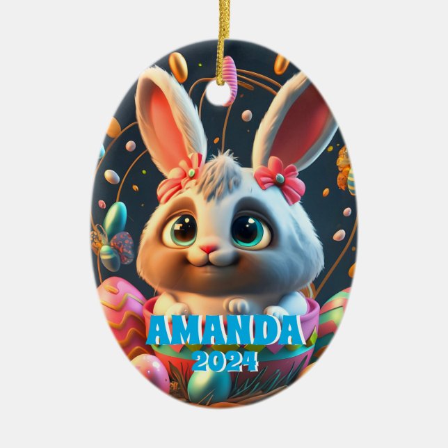 Cute Easter Bunny Personalised Kids Photo Ceramic Tree Decoration (Front)