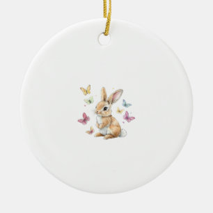 Cute Easter Bunny Rabbit Butterfly T-Shirt Ceramic Tree Decoration