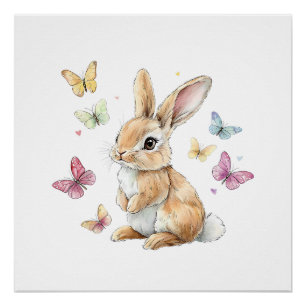Cute Easter Bunny Rabbit Butterfly T-Shirt Poster