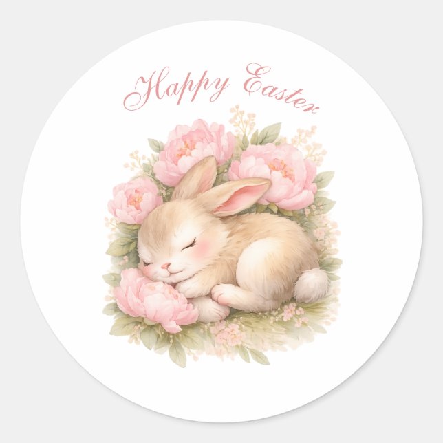 Cute Easter Bunny Rabbit Pink Blush Peony Classic Round Sticker (Front)