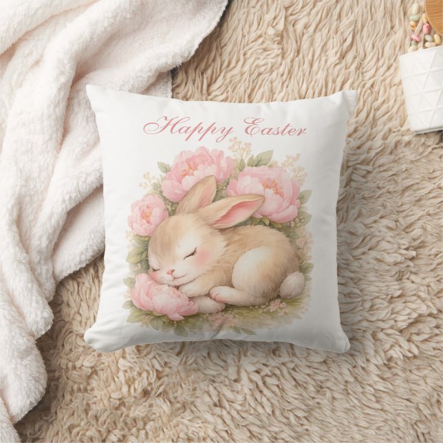 Cute Easter Bunny Rabbit Pink Blush Peony Cushion (Blanket)