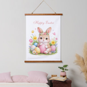 Cute Easter Bunny Rabbit Pink Blush Peony Hanging Tapestry