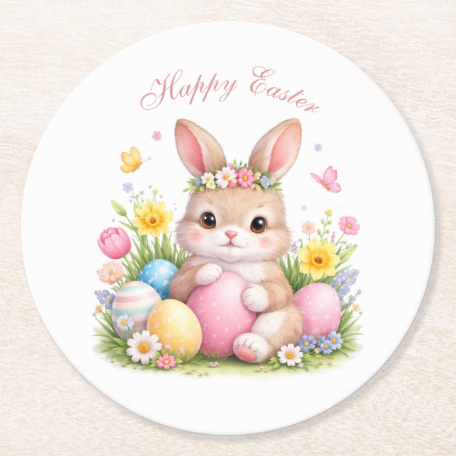 Cute Easter Bunny Rabbit Pink Blush Peony Round Paper Coaster (Front)