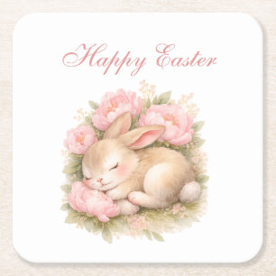 Cute Easter Bunny Rabbit Pink Blush Peony Square Paper Coaster