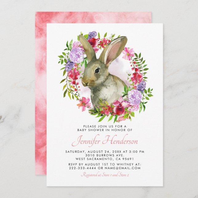 Cute Easter Bunny Rabbit Pink Floral Baby Shower Invitation (Front/Back)