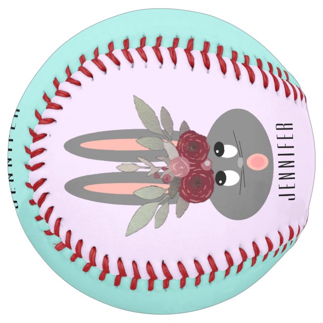 Cute Easter Bunny Rabbit Purple Teal Floral Chic Softball (Front Left)