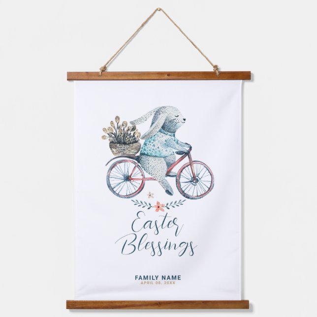Cute Easter Bunny Riding a Bike Hanging Tapestry (Front)