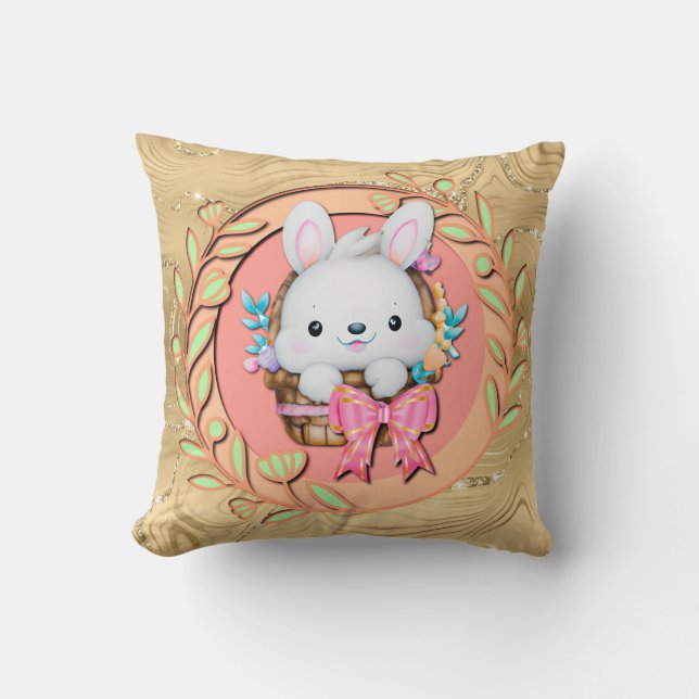 Cute Easter Bunny Sitting in The Basket Cushion (Front)
