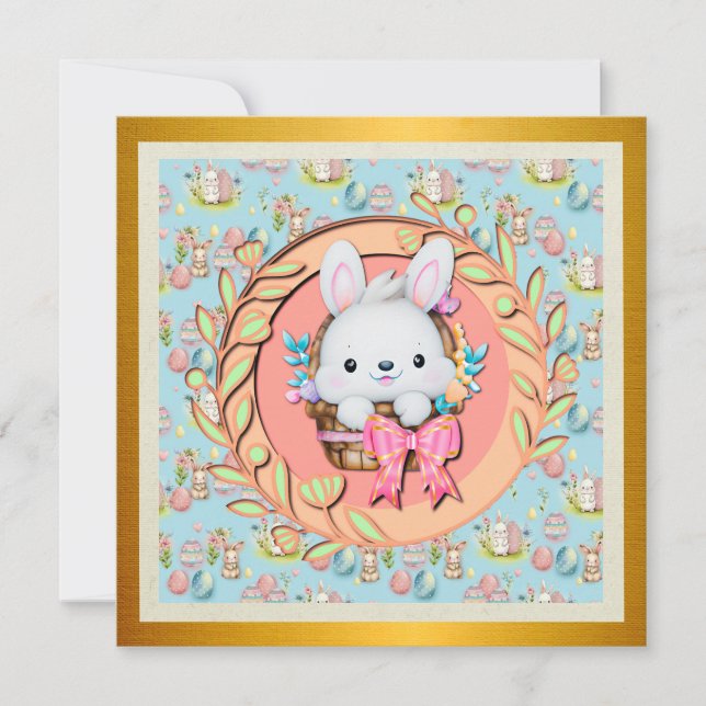 Cute Easter Bunny Sitting in The Basket Invitation (Front)