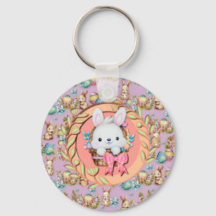 Cute Easter Bunny Sitting in The Basket Key Ring