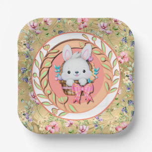 Cute Easter Bunny Sitting in The Basket Paper Plate