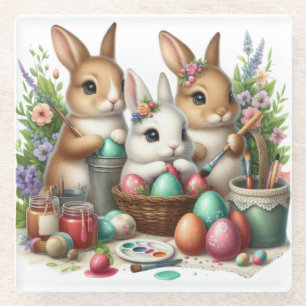 Cute, Easter Bunny/Spring paint party Glass Coaster
