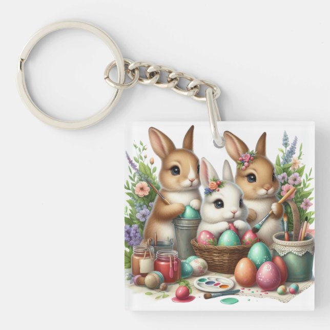Cute, Easter Bunny/Spring paint party Key Ring (Front)