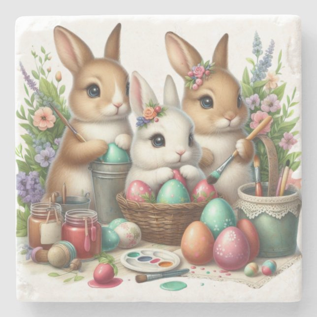 Cute, Easter Bunny/Spring paint party Stone Coaster (Front)