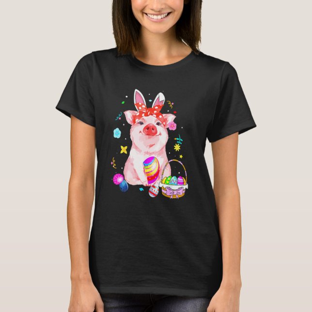 Cute Easter Bunny Spring Pig Bow Egg Hunting Baske T-Shirt (Front)