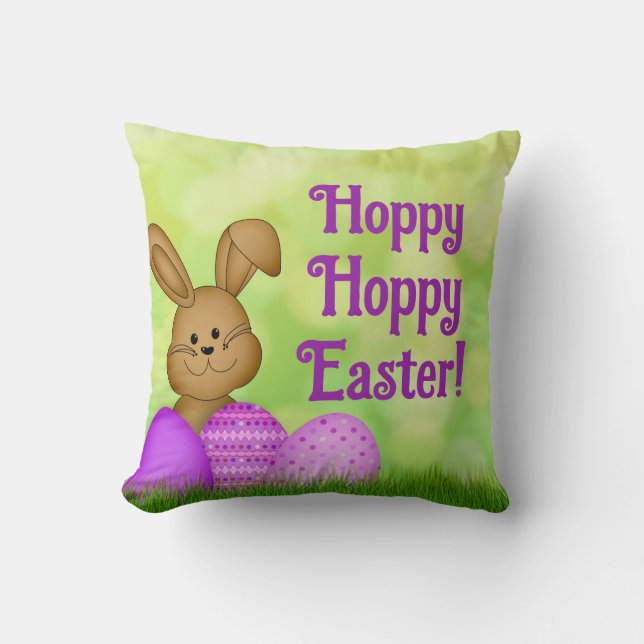 Cute Easter Bunny Spring Watercolor Green Purple  Cushion (Front)