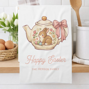 Cute Easter Bunny Teapot Flowers Tea Towel