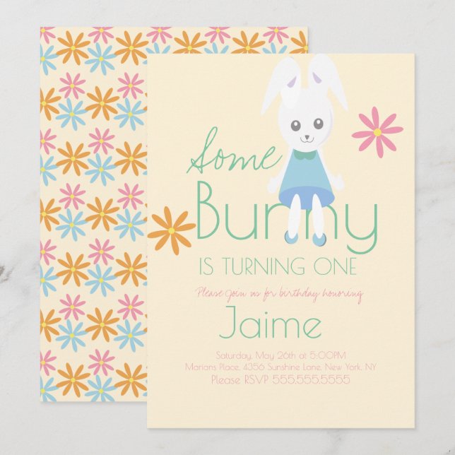 Cute Easter Bunny Turning One Birthday Invitation (Front/Back)