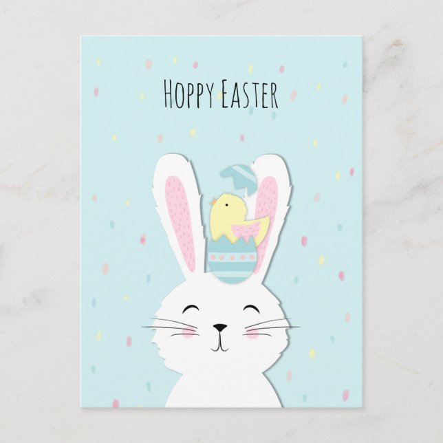 Cute Easter bunny turquoise background Holiday Postcard (Front)