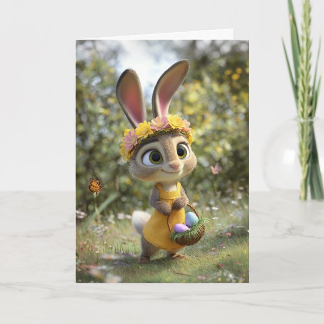 Cute Easter Bunny w/ Flower Crown & Basket of Eggs Card (Front)
