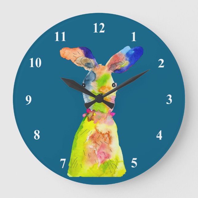 Cute Easter bunny watercolor art Large Clock (Front)