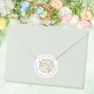 Cute Easter Bunny Watercolor Floral Address Classic Round Sticker