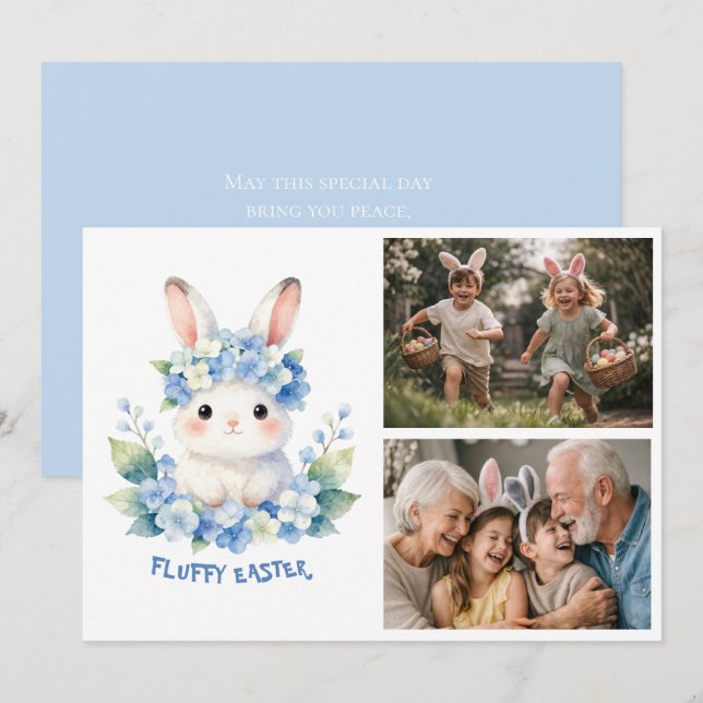 Cute Easter Bunny Watercolor Hydrangea 2 Photo Holiday Card (Front/Back)