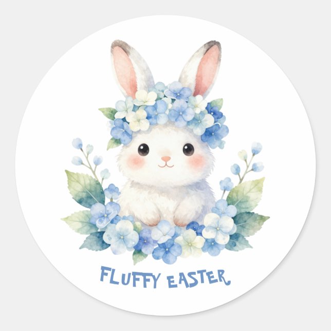 Cute Easter Bunny Watercolor with Hydrangea Classic Round Sticker (Front)