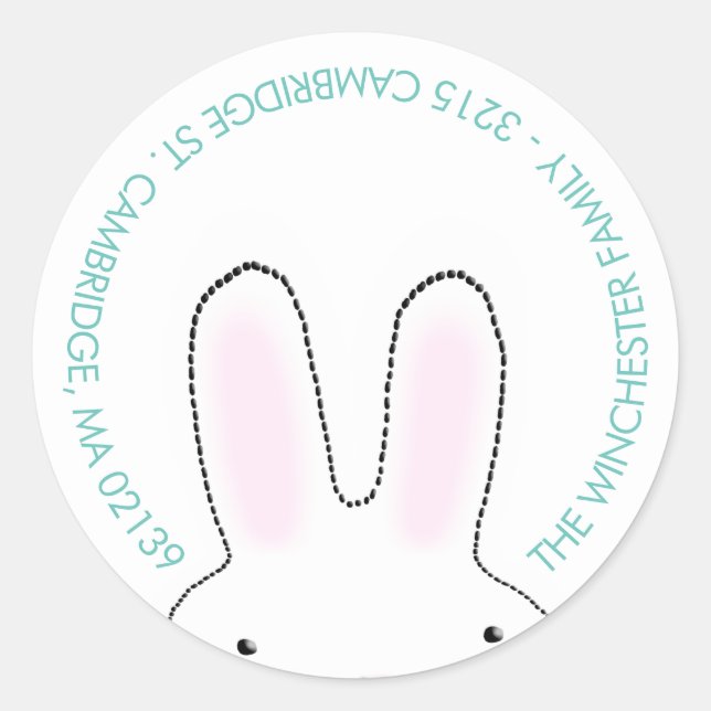 Cute Easter bunny white teal fun address Classic Round Sticker (Front)