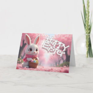 Cute Easter Bunny with Basket and Colourful Eggs Card