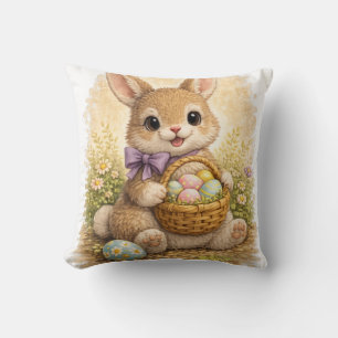 Cute Easter Bunny with Basket Kawaii Spring Cottag Cushion