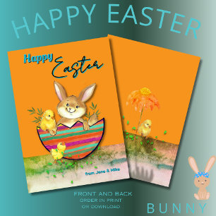 Cute Easter Bunny with chicks Orange Holiday Card