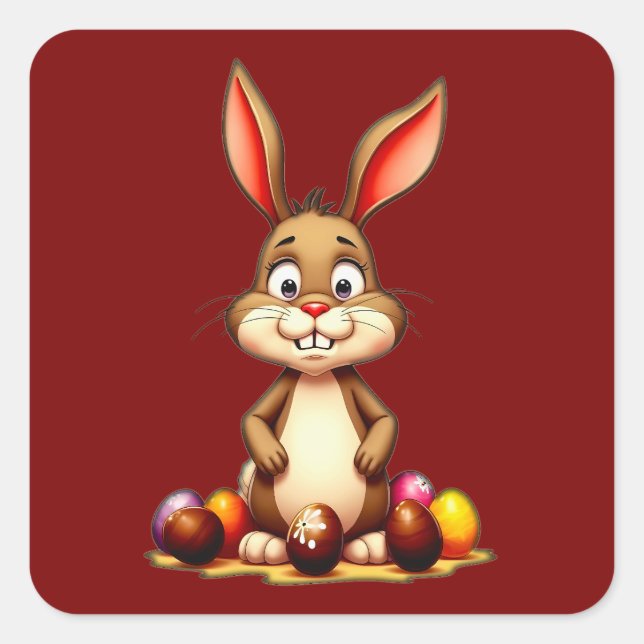 Cute Easter Bunny with Chocolate Eggs Autocolante Square Sticker (Front)