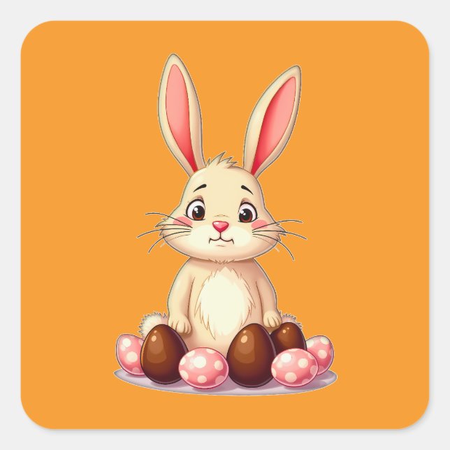 Cute Easter Bunny with Chocolate Eggs Autocolante Square Sticker (Front)