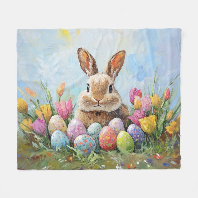 Cute Easter Bunny with Coloured Eggs Fleece Blanket (Front (Horizontal))